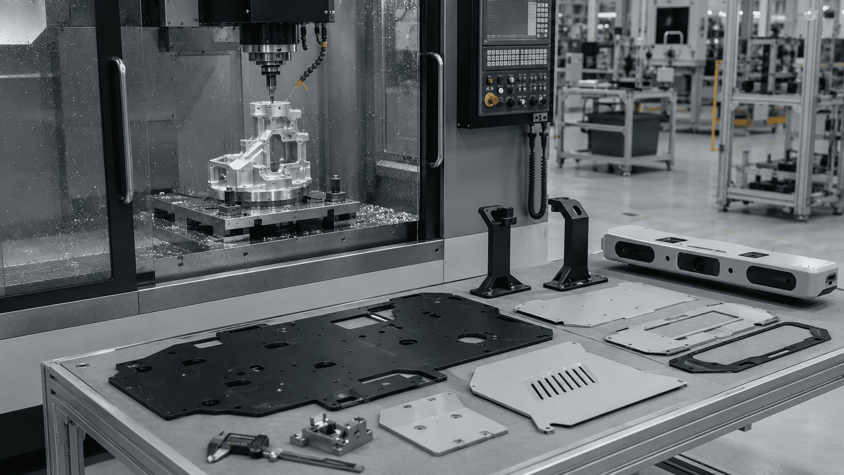 Machining process with early Agricultural Robot structural parts arranged nearby