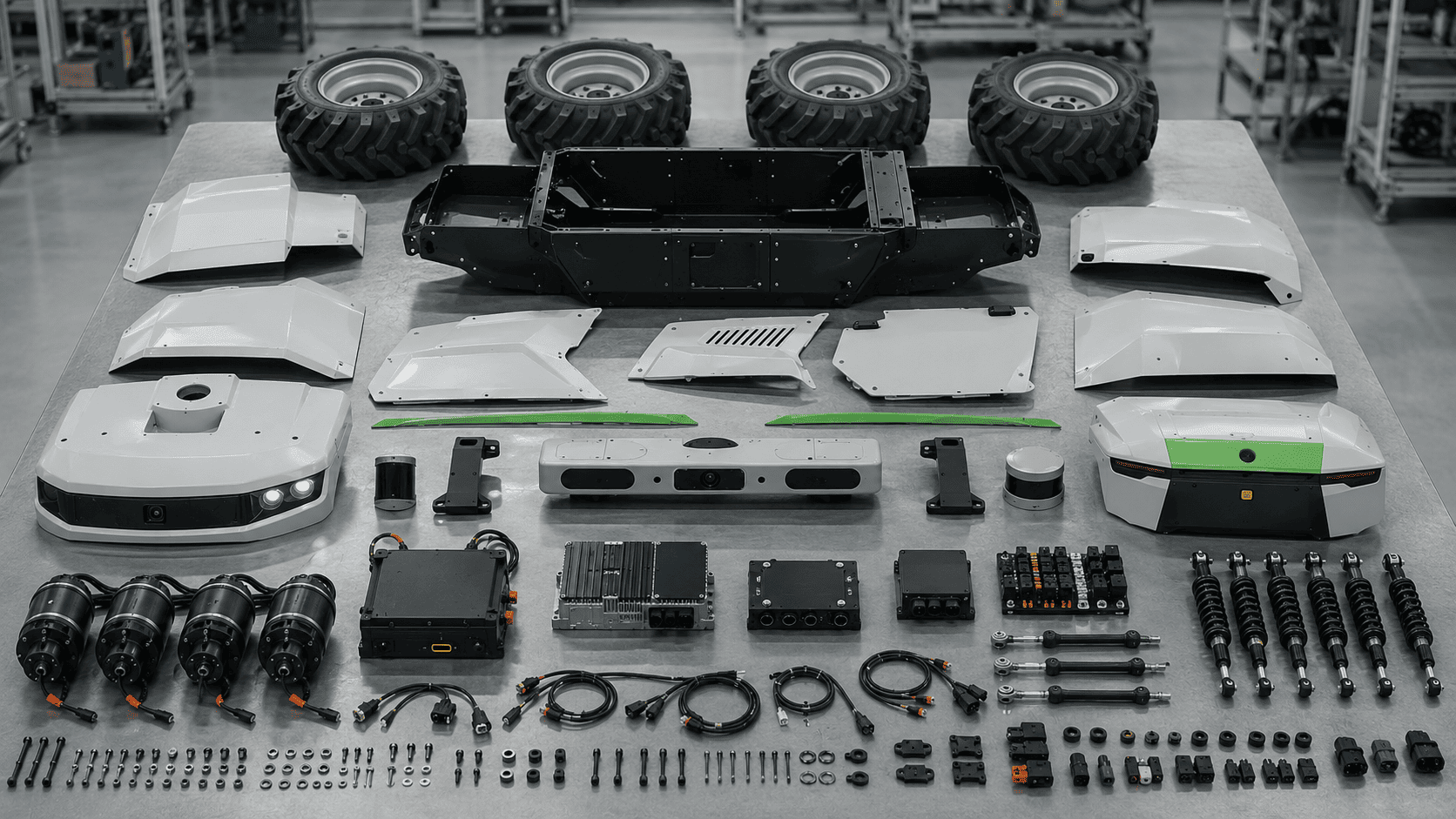 Agricultural Robot chassis, wheels, panels, sensors and electronics arranged as a complete parts inventory
