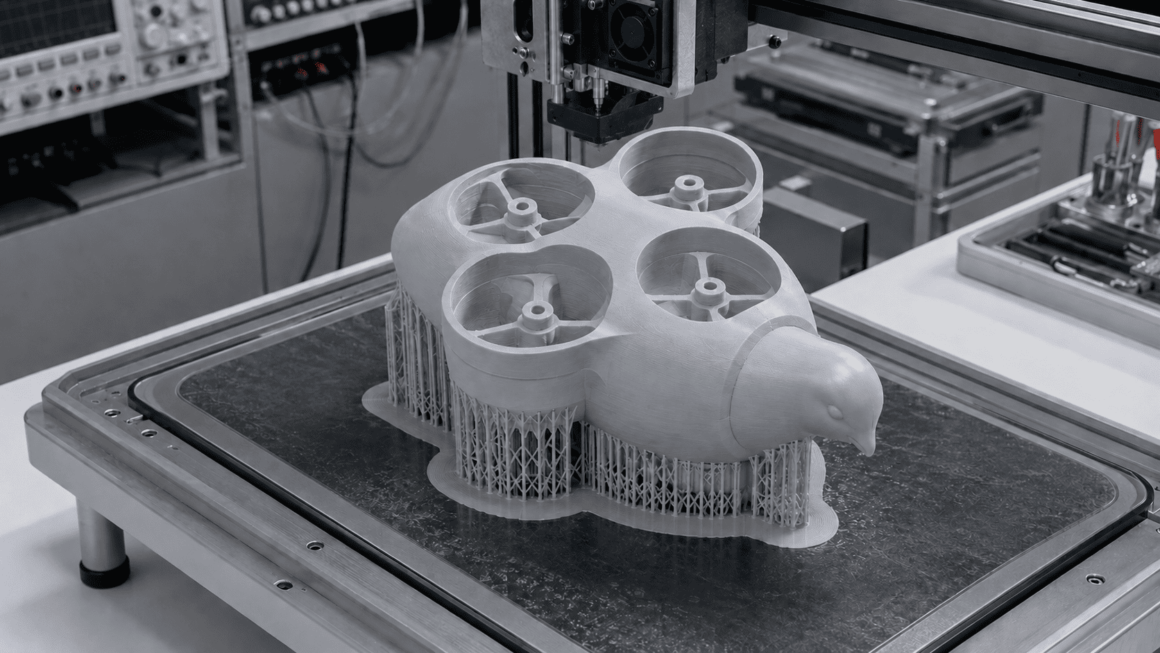 DOVE fuselage and four rotor ducts on additive-manufacturing supports