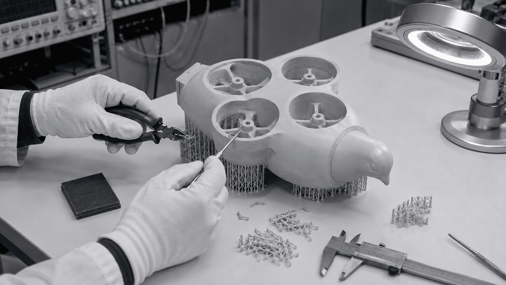 Technician removing support material from the printed DOVE body