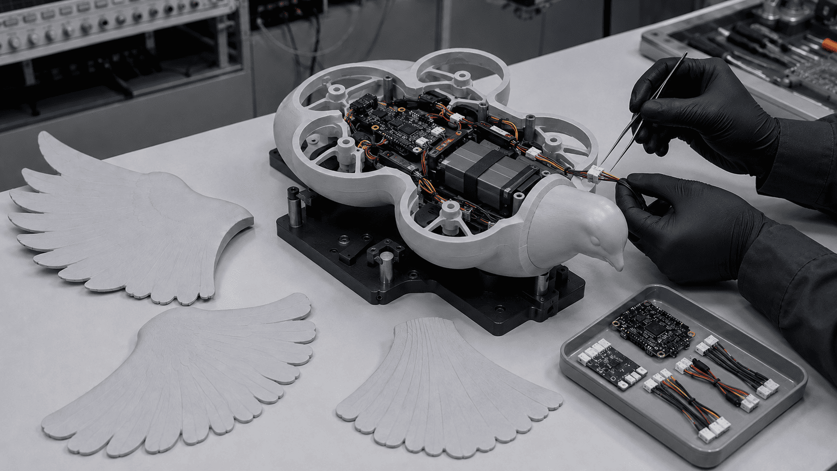 Technician integrating electronics inside the open DOVE fuselage