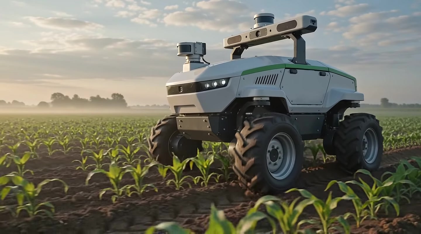 Agricultural robotic prototype moving through cultivated rows
