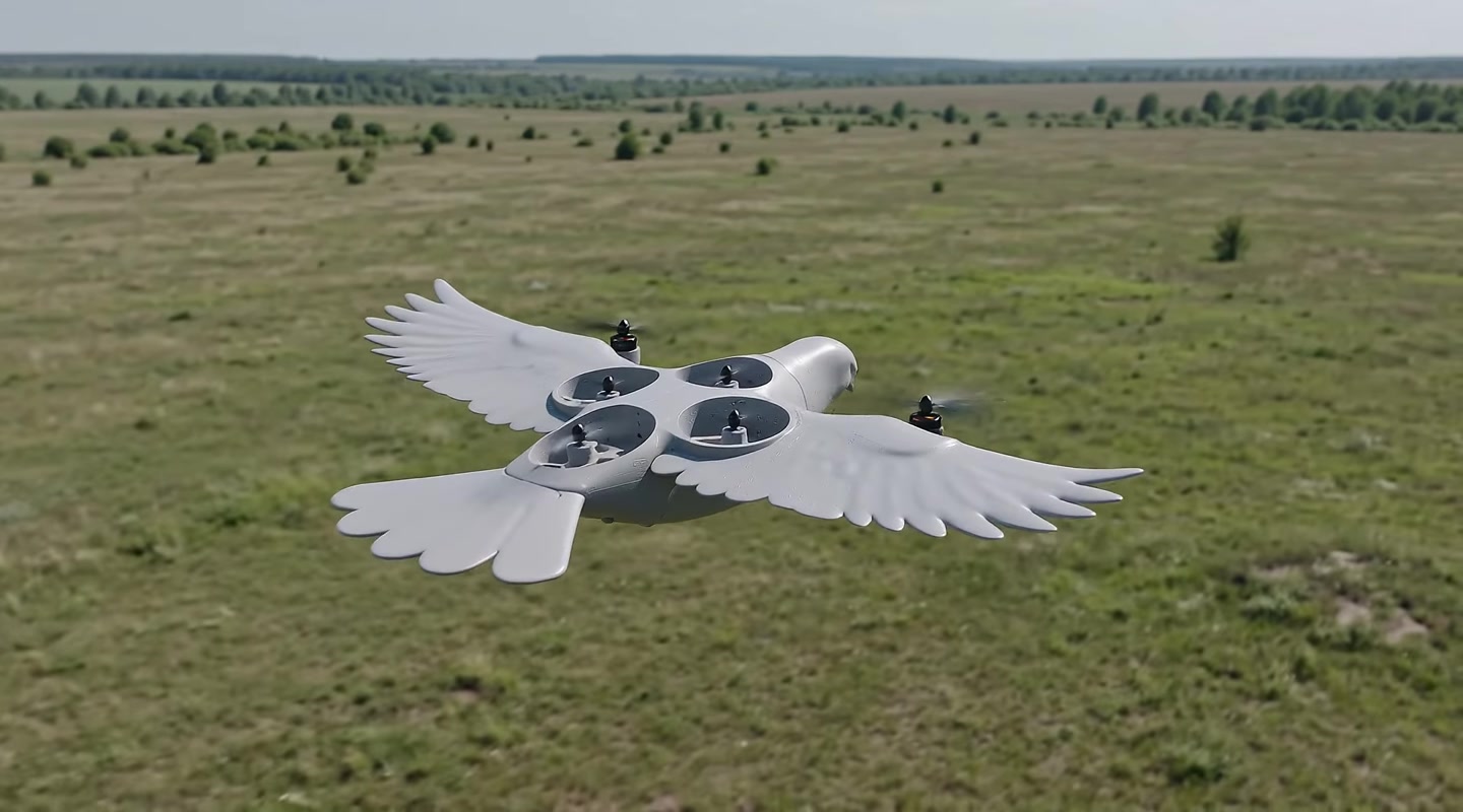 DOVE aerial robotic prototype flying above open terrain